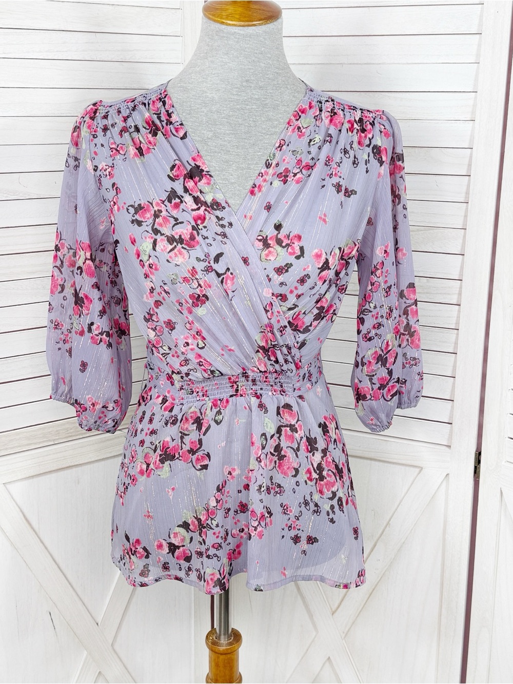 Express Sheer Floral‎ Faux Wrap Tie Waist Peplum Blouse Purple XS